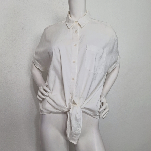 Madewell White Preppy Coquette Short Sleeve Tie Front Button Down Shirt Size M - Picture 3 of 13